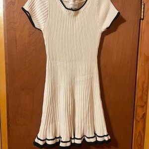 Cream Ribbed Knit Dress with Black Trim